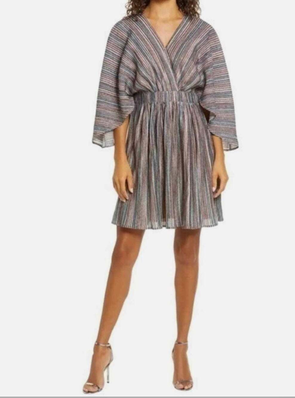 Harlyn Metallic Striped V-Neck Flutter Sleeve Dress Size M